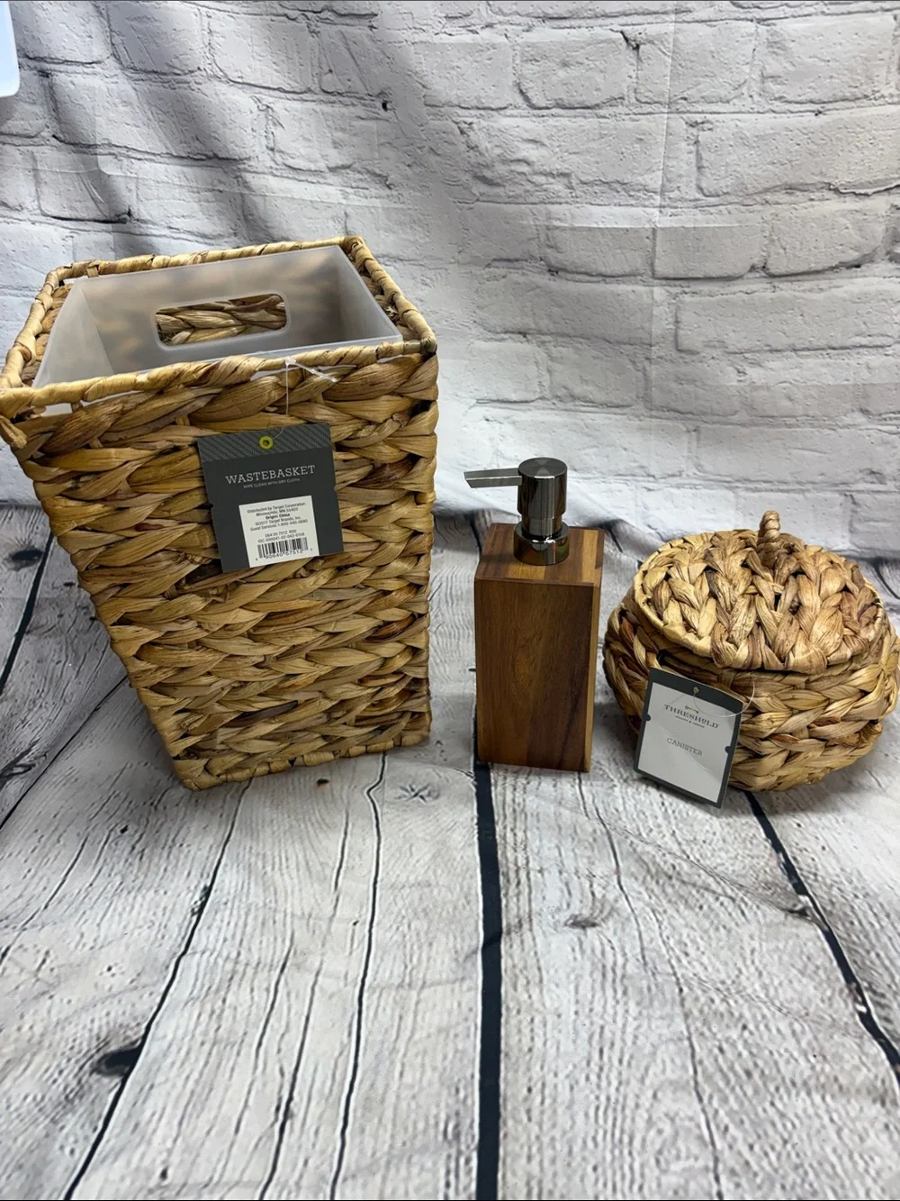 Woven Natural Bathroom Set with Wood-Look Soap Dispenser - Waste Basket